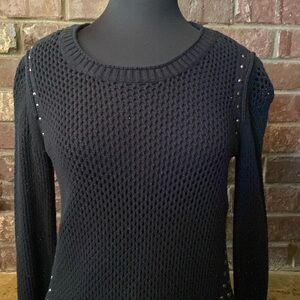 Rock & Republic black open knit studded crew neck sweater‎